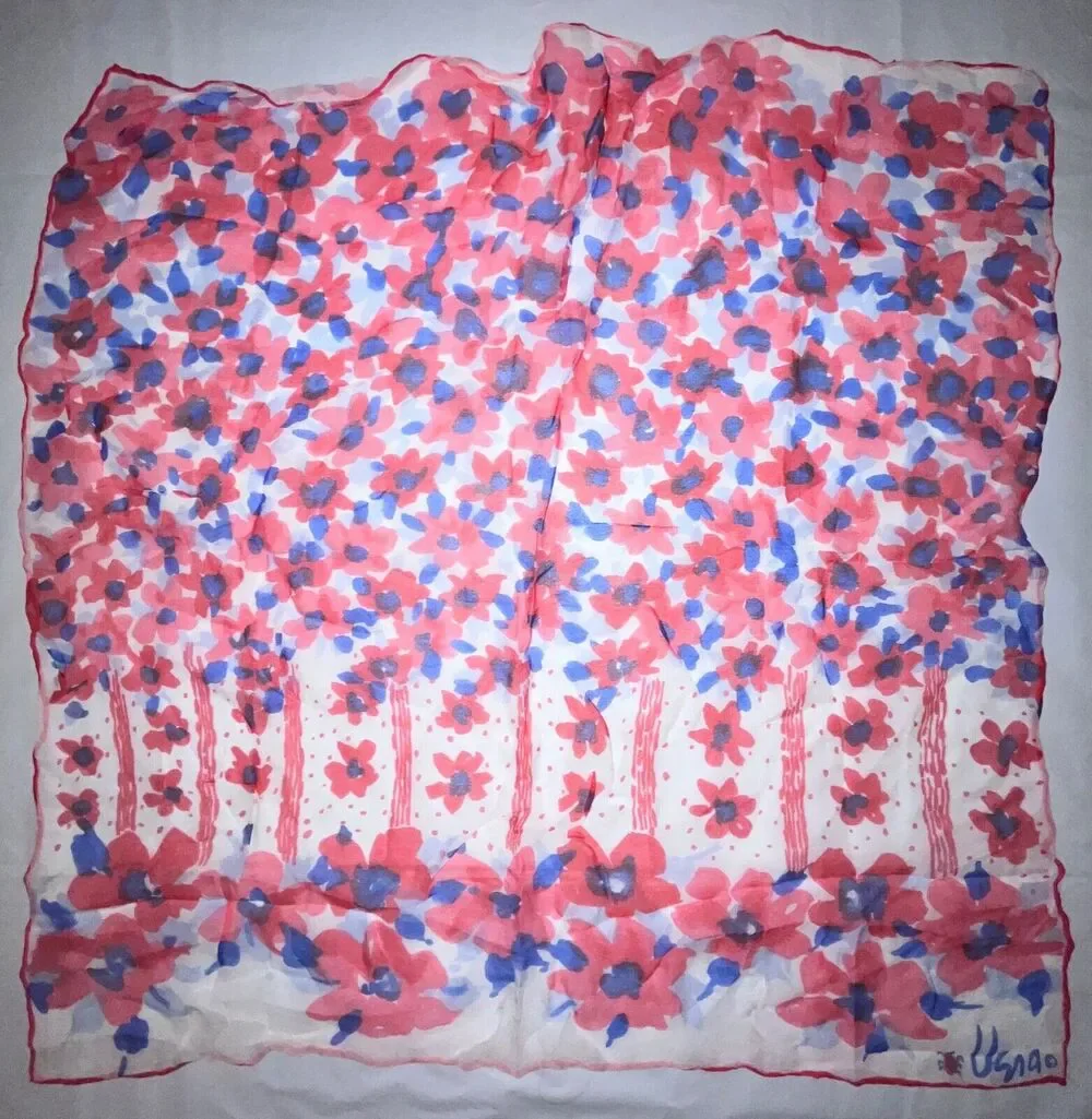 Vintage Vera Neumann Scarf - Sheer - Ladybug signed - Red & Blue Flowers